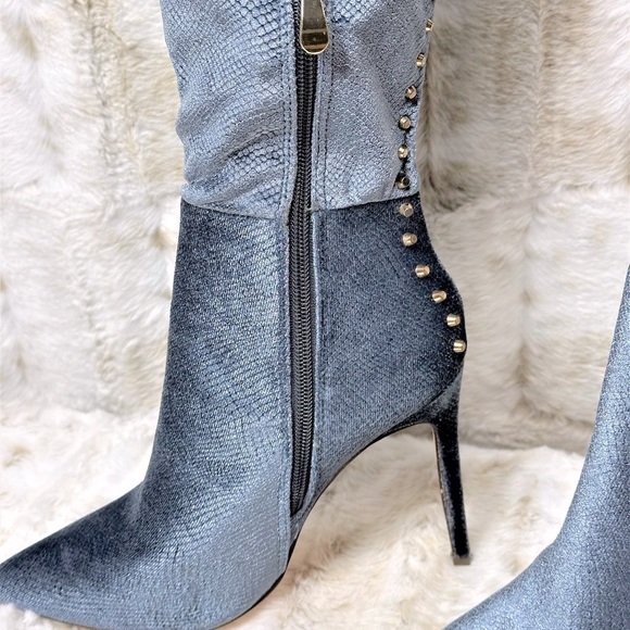 So Me Blue Studded Thigh High Pointy Toe High Heel Boots - Picture 2 of 11